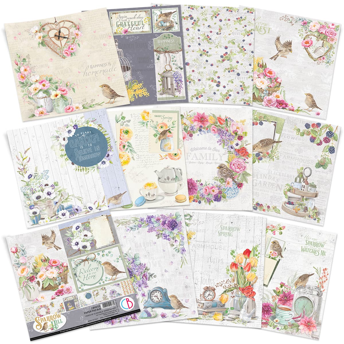 Ciao Bella 8"x 8" Paper Pad- 12 Double-sided papers- Sparrow Hill