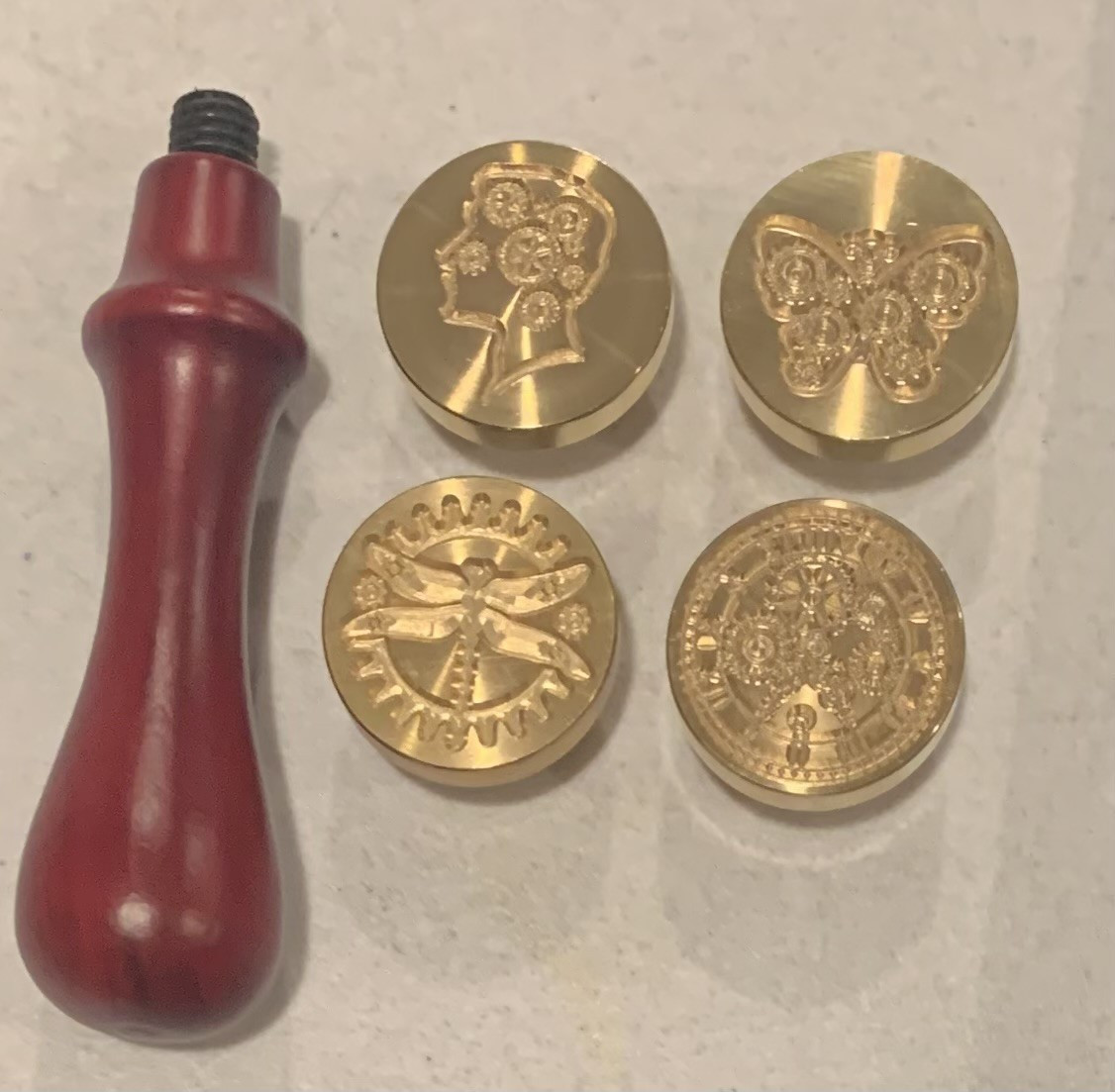 Sealing Wax Steampunk Seal Set- Wooden Handle and 4 Brass Seals