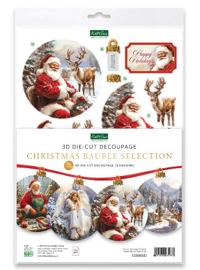 Katy Sue Design- Die Cut Decoupage- Christmas Bauble Selection (Pack of 12 in 4 designs)