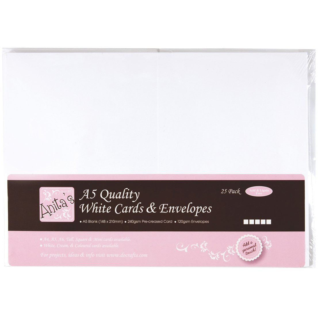 docrafts Anita's Cards/Envelopes A5, White, 25-Pack