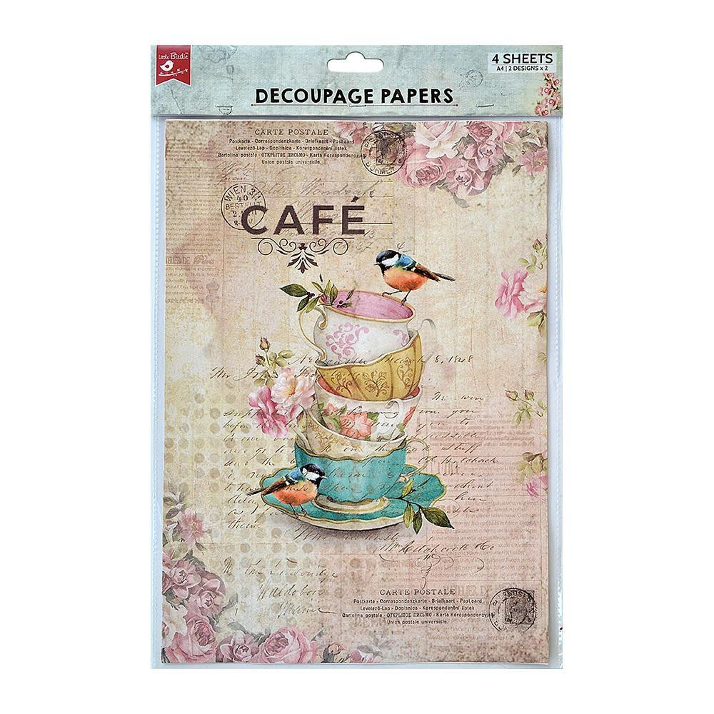 Little Birdie Crafts- A4 Decoupage Papers- Birdie Cafe- 4 sheets