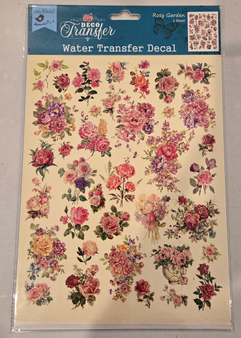 Little Birdie Crafts- Deco Transfer- Water Transfer Decal- 1 Sheet- Rosy Garden