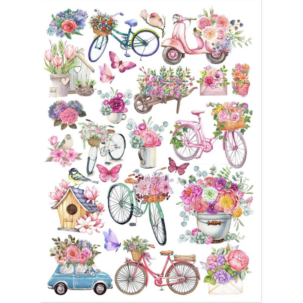 Little Birdie Crafts- Deco Transfer- Water Transfer Decal- 1 Sheet- Bikes and Blooms