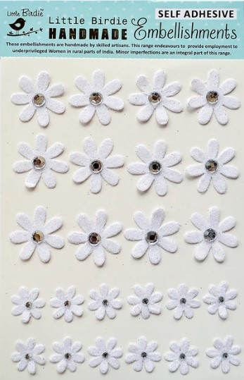 Little Birdie Crafts- Handmade Embellishments- Glitter Jeweled Florettes- White 24pc