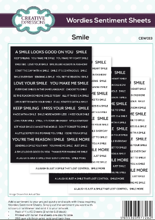 Creative Expressions- A5 Wordies Sentiment Sheets - Smile 4 Pk