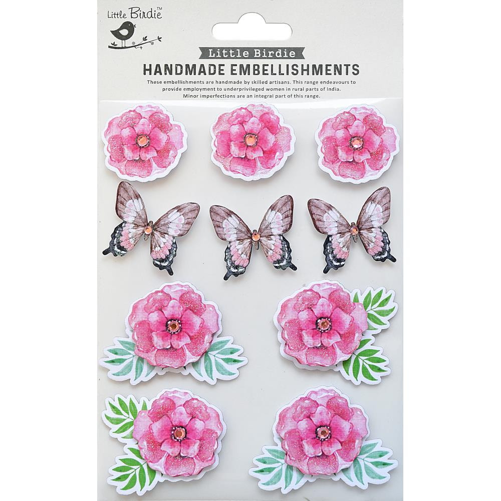 Little Birdie Crafts- Handmade Embellishments- Blossoms & Butterflies- Rosy Delight 10pc