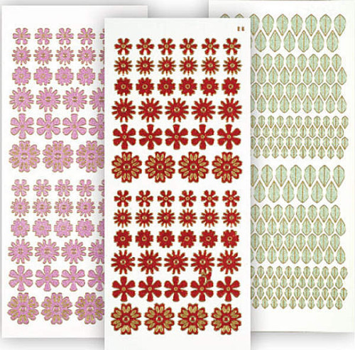HOTP Dazzles 3-Pack Red Tiny Flowers Stickers 2488 Holographic & Pearl & Green Mirror Leaves Peel Style Outline Stickers