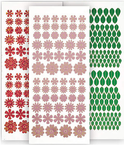 HOTP Dazzles 3-Pack Pink Tiny Flowers Stickers 2490 Holographic & Mirror & Green Mirror Leaves Peel Style Outline Stickers