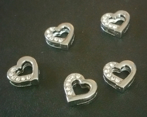 Rhinestone Ribbon Slider Charm Open Heart Half Rhinestones 5pc C2007