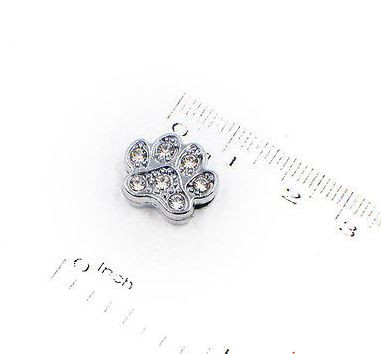 Rhinestone Ribbon Slider Charm Paw Print Silver Circle 4pc C2011 Dog Cat