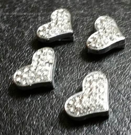 Rhinestone Ribbon Slider Charm Pave'-Style Heart Silver 4pc C2024 C2024