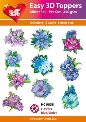 Easy 3D - Flowers, Blue/Violet - 10 Large Toppers 3-Layers Each 8x8cm for Card Making