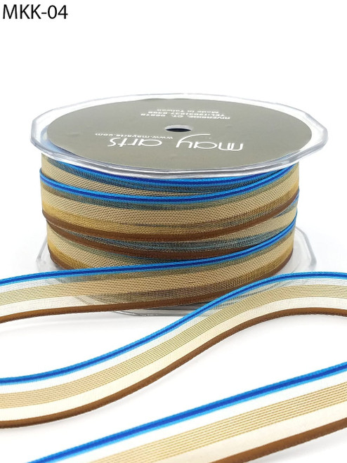 May Arts Beautiful Sheer Stripe Ribbon Tan Brown and Blue Stripes 1/2" x 5 Yards