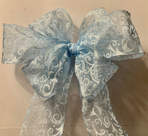 Sheer Fabric Ribbon W/Wired Edge 4"X15yd -- Blue with White Flocking