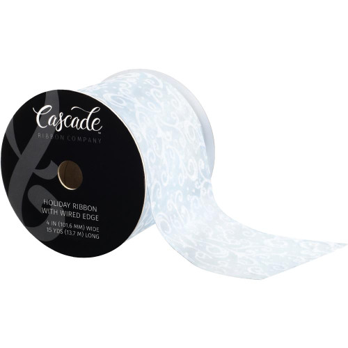 Sheer Fabric Ribbon W/Wired Edge 4"X15yd -- Blue with White Flocking