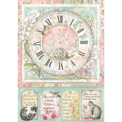 Stamperia Rice Paper Sheet A4 Clock, Orchid, & Cats