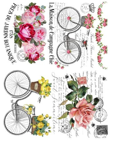 Little Birdie Crafts- Deco Transfer- Water Transfer Decal- 1 Sheet- Blooms and Bikes