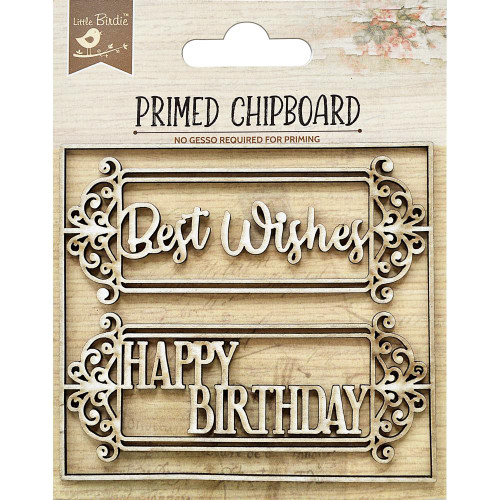 Little Birdie Crafts- Primed Chipboard- Elegant Swirls- Best Wishes/Happy Birthday- 1pc