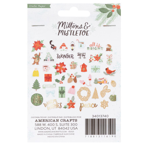American Crafts- Mittens & Mistletoe- Icons Ephemera W/Gold Foil Accents