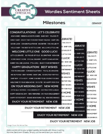 Creative Expressions- A5 Wordies Sentiment Sheets - Milestones PK 4