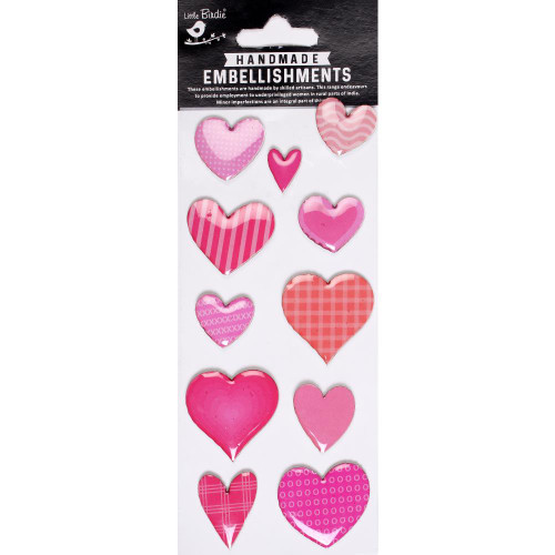 Little Birdie Resin Stickers, Glazed Hearts Pink 11pcs