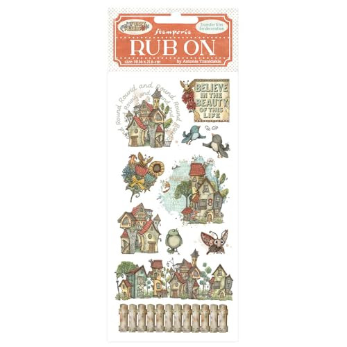 Stamperia - Rub-on DFLRB199 for Scrapbooks, Albums, Card Making, Bullet Journals and More, Easily Transfer Images onto Paper and Other Surfaces, Perfect for Crafts and Gifting (Furry Friends, Houses)