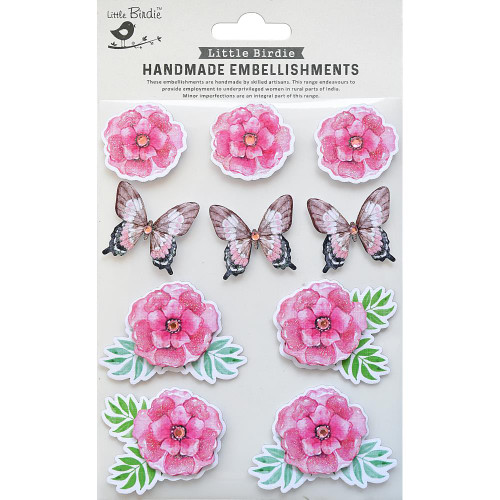 Little Birdie Crafts- Handmade Embellishments- Blossoms & Butterflies- Rosy Delight 10pc