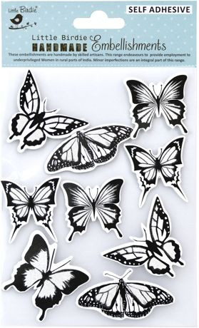 Little Birdie Sticker Embellishment 9/Pkg - Black & White Butterflies