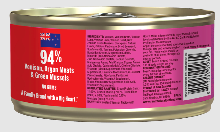 Rawz 94% Venison with Green Mussel Pt Cat Can 6oz. - Pet Food Warehouse