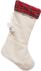 HuggleHounds Off-White Corduroy Stocking with Tartan Plaid Cuff Cat