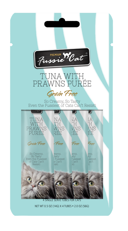 4pk Fussie Cat Tuna with Prawns Puree Cat Treat .5oz