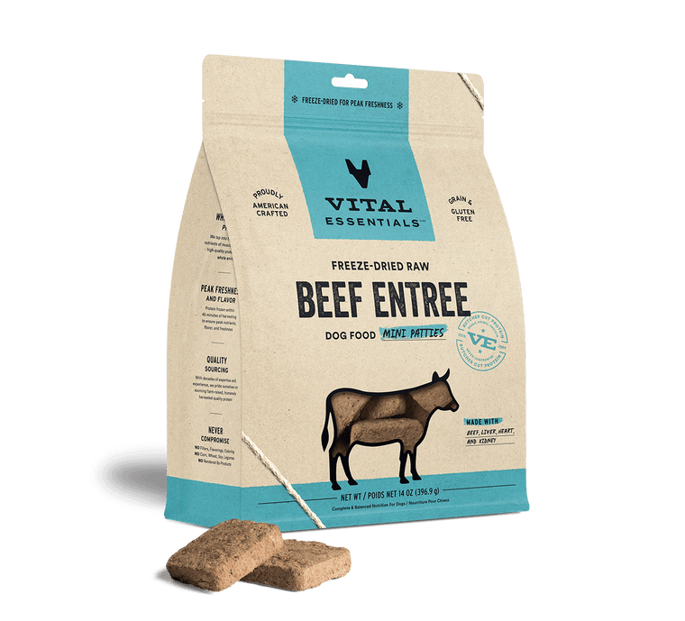 Vital Essentials Freeze-Dried Raw Entree Dog Food Mini Patties Beef 14oz