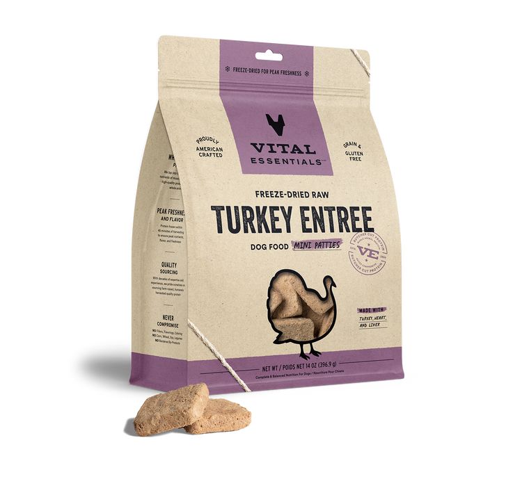 Vital Essentials Freeze-Dried Raw Entree Dog Food Mini Patties Turkey 14oz