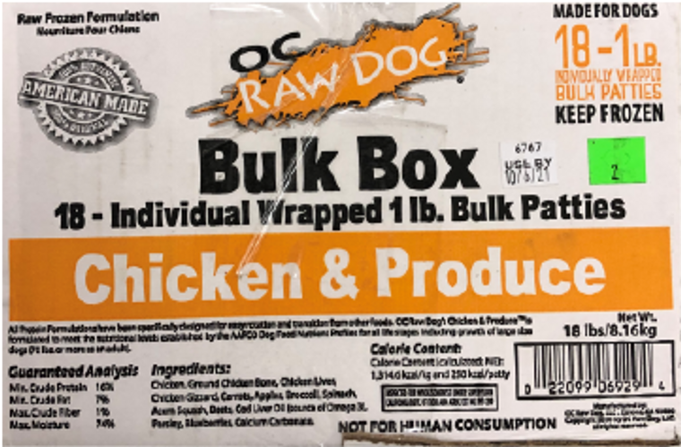 OC Raw (18) 1# Patties Chicken & Produce Dog Frozen Dog Food 18lb