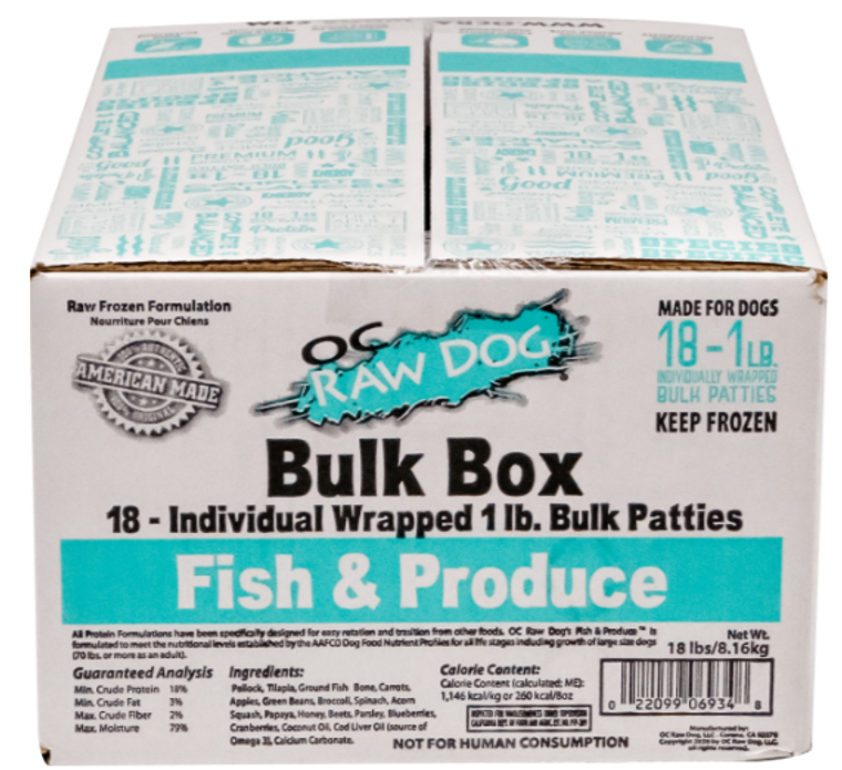 OC Raw (18) 1# Patties Fish Produce Dog Frozen Dog Food 18lb