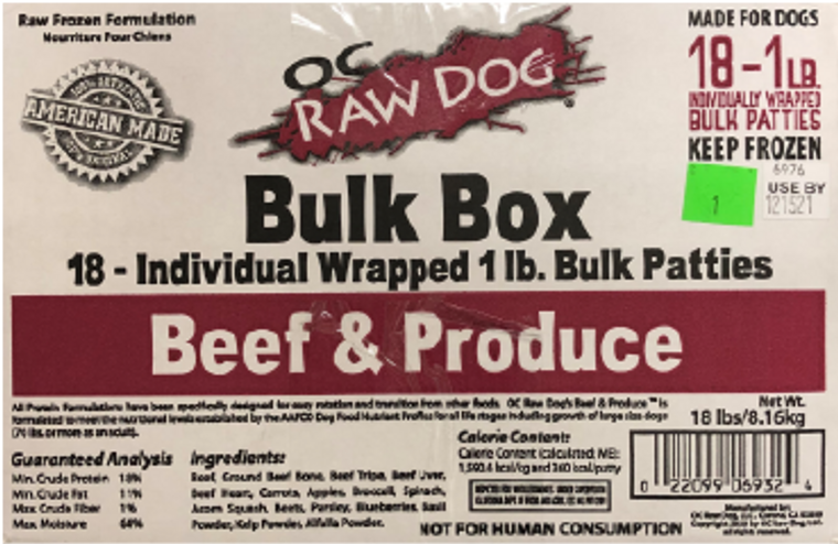 OC Raw (18) 1# Patties Beef & Produce Dog Frozen Dog Food 18lb