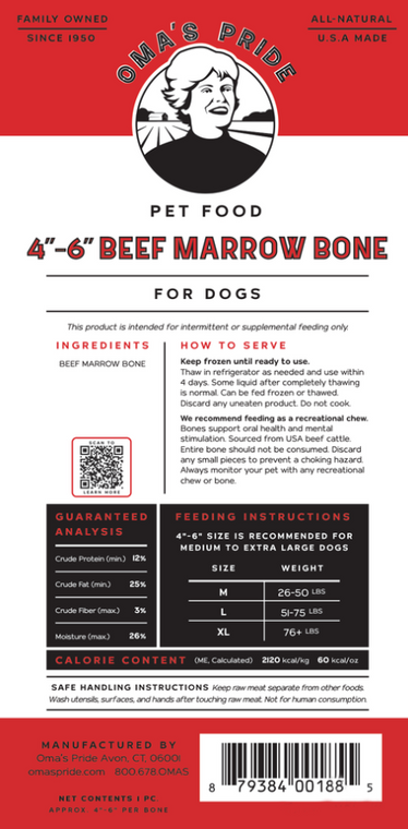 Oma's Pride Beef Marrow Bone Frozen 4"-6"