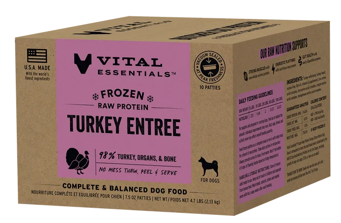 Vital Essentials Frozen Raw Dog Food Turkey 10 patties 4.7lbs