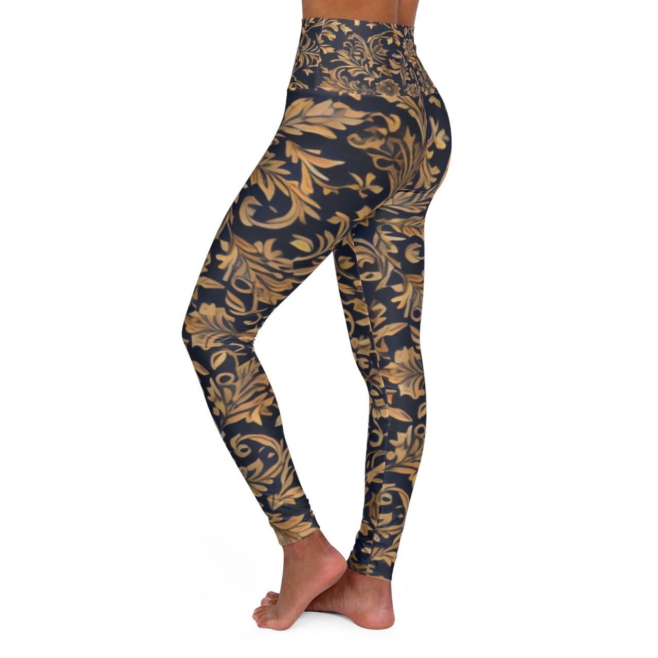 Floral Gold Leaf High Waisted Women's Yoga Leggings