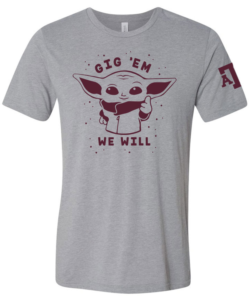 Texas A&M Aggies Baby Yoda Gig 'EM Bella+Canvas Short Sleeve Tee | Grey  Triblend