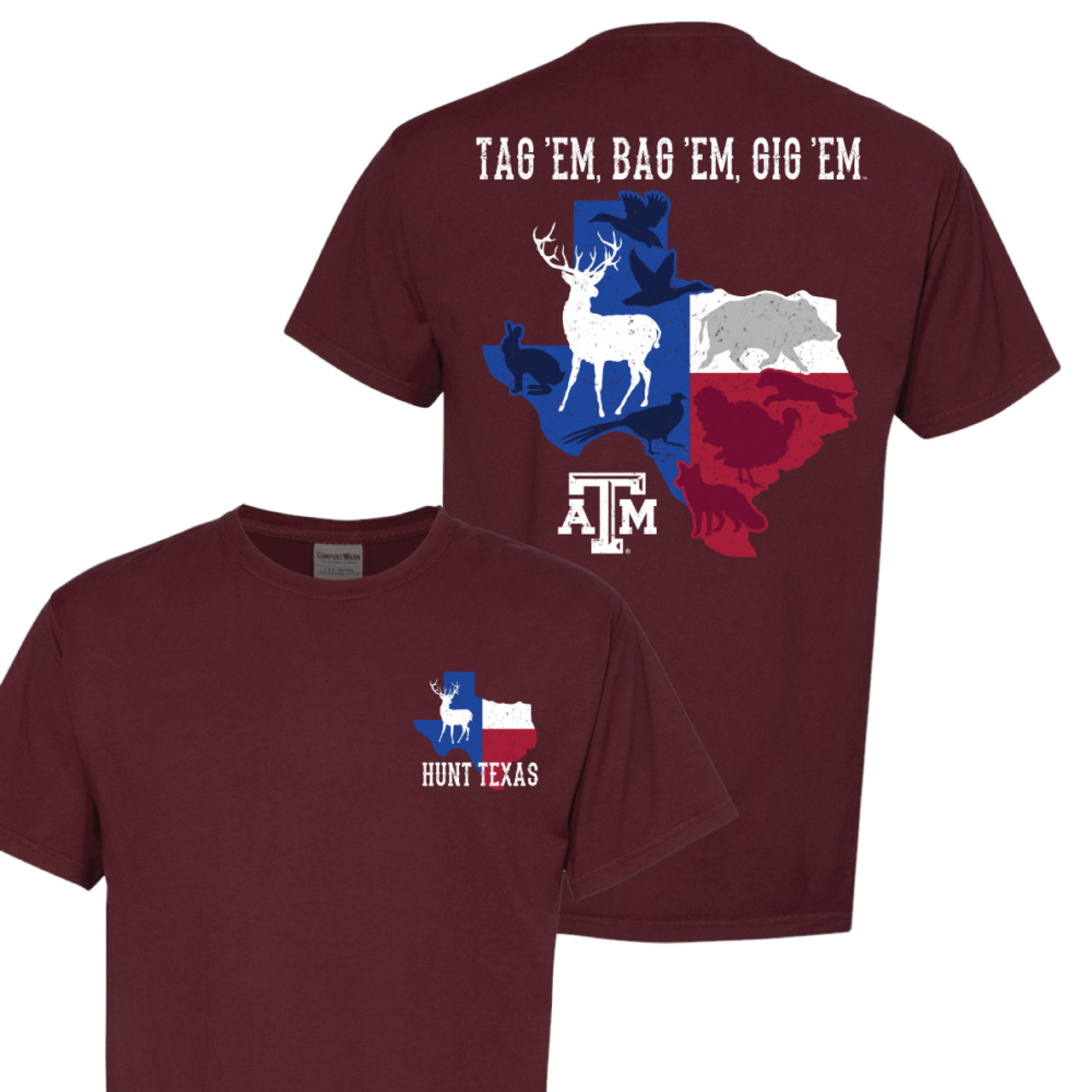 Texas A&M Aggies Outdoors Tag em Bag em Gig em Comfort Short Sleeve I Maroon  - The Warehouse at C.C. Creations