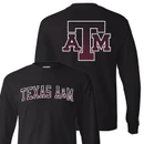 Black Texas A&M long sleeve T-shirt featuring arched maroon and white Texas A&M lettering on the front and an oversized maroon A&M logo outlined in white on the back.