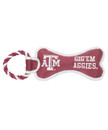 Texas A&M Aggies bone shaped dog toy with ATM logo, Gig ’Em Aggies text, and rope handle