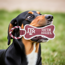 Texas A&M Aggies bone shaped dog toy with ATM logo, Gig ’Em Aggies text, and rope handle