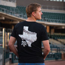 Texas A&M Aggies dark t shirt with Texas baseball stitching graphic and ATM logo on back and small front chest design