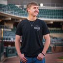 Texas A&M Aggies dark t shirt with Texas baseball stitching graphic and ATM logo on back and small front chest design