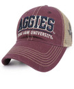 Texas A&M Aggies maroon and tan trucker hat with Aggies text, Texas A&M University detail, ATM logo on side, and Gig ’Em on back strap