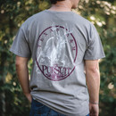 Texas A&M Aggies gray t shirt with deer Pursuit graphic on back and small front chest design