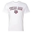 Texas A&M Aggies white T shirt with arched Texas A&M graphic and ATM logo on front