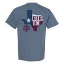 Blue Texas A&M T-shirt featuring a Texas-shaped state flag design with “Gig ’Em” text and Texas A&M logo on the back and chest.